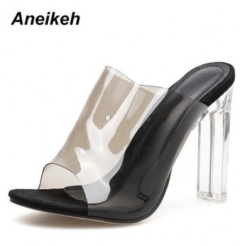 New PVC Jelly Sandals Crystal Open Toed Sexy Thin Heels Crystal Women Transparent Heel Sandals Slippers Pumps Apricot Black